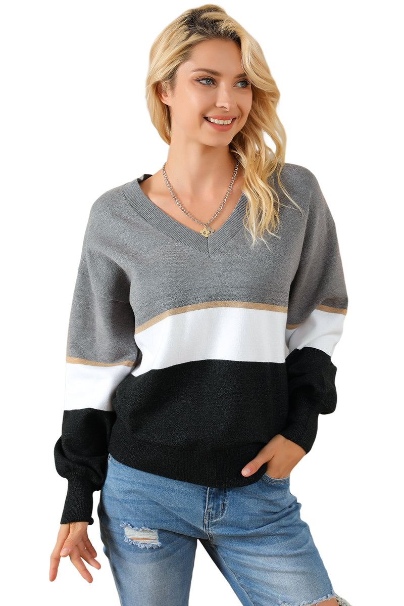 Gray Colorblock V Neck Sweater