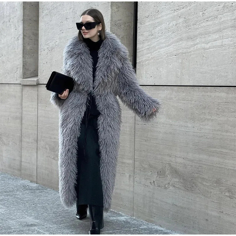 Winter New Women's Plush Faux Fur Overcoat Fashion Long Sleeved Warm Turn-down Collar Cardigan High Street Loose Outerwear 2024