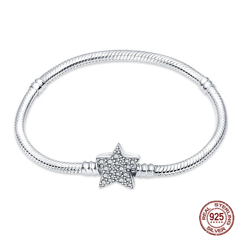 Bracelet Silver 925 Original 17-20CM Star Moon Sun Four Leaf Clover Green Zircon Bracelets Fit DIY Charms Birthday Jewelry Gifts