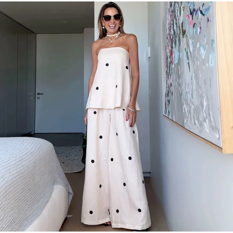 Women Chic Dot Print Wrapped Chest Strapless Tops Set Fashion Back Slit Zipper Top Wide Leg Pants Suit New Lady Holiday Outfit ﻿