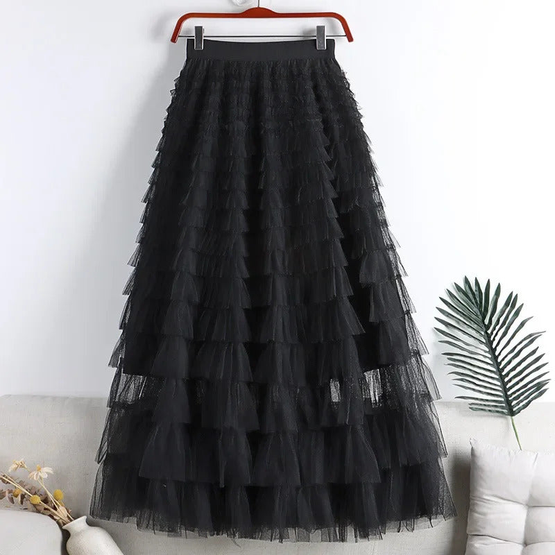 Medium-length Wire Mesh Spliced Cake Skirt 2023 Spring Summer Autumn/winter New Style A- line Long Dress Puffy Dress