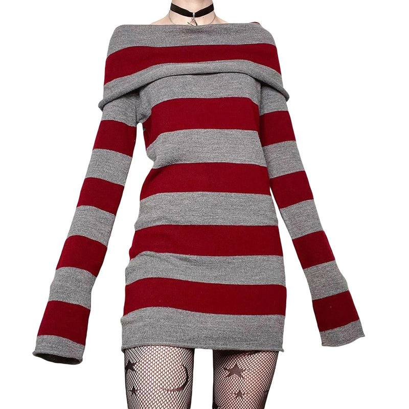 Women Autumn Dress Striped Boat-Neck Long Sleeve Bodycon Short Dress Y2K Gothic Wrapped Hip Party Dresses