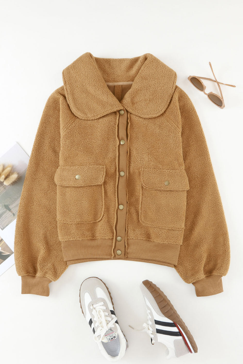 Brown Button Flap Pocket Spread Collar Fleece Jacket