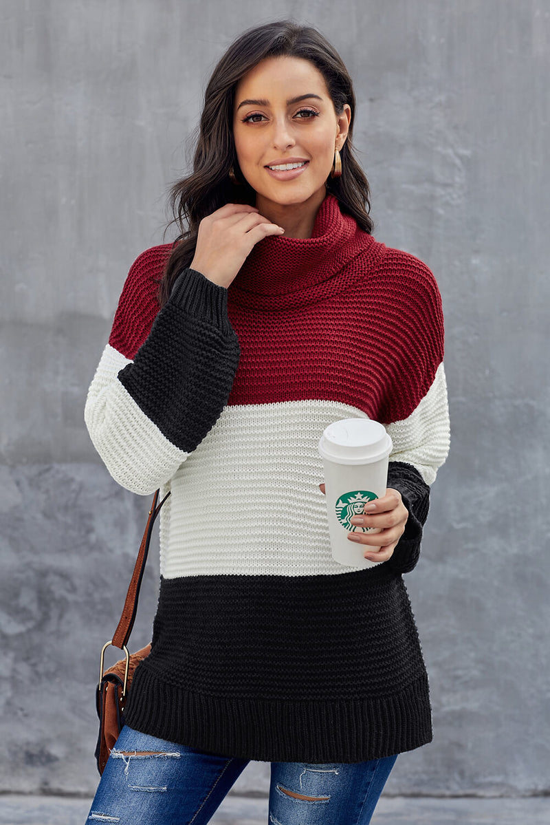 Black Turtleneck Color Block Pullover Sweater