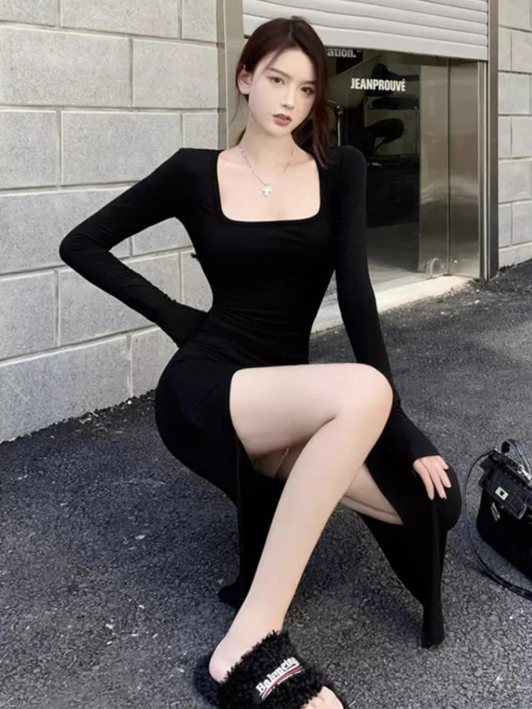 Sexy Side Slit Dress for Women Tight-fitting Wrap Hip Over-the-knee Long Sleeved Dresses Black Street Bodycon Spring Autumn