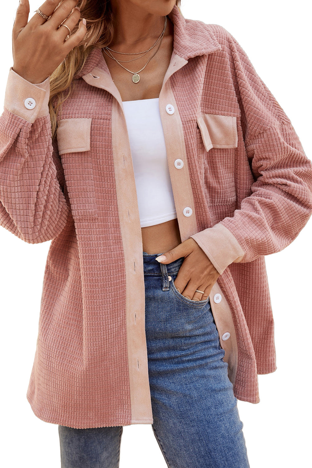 Peach Blossom Flap Pockets Drop Shoulder Textured Shacket