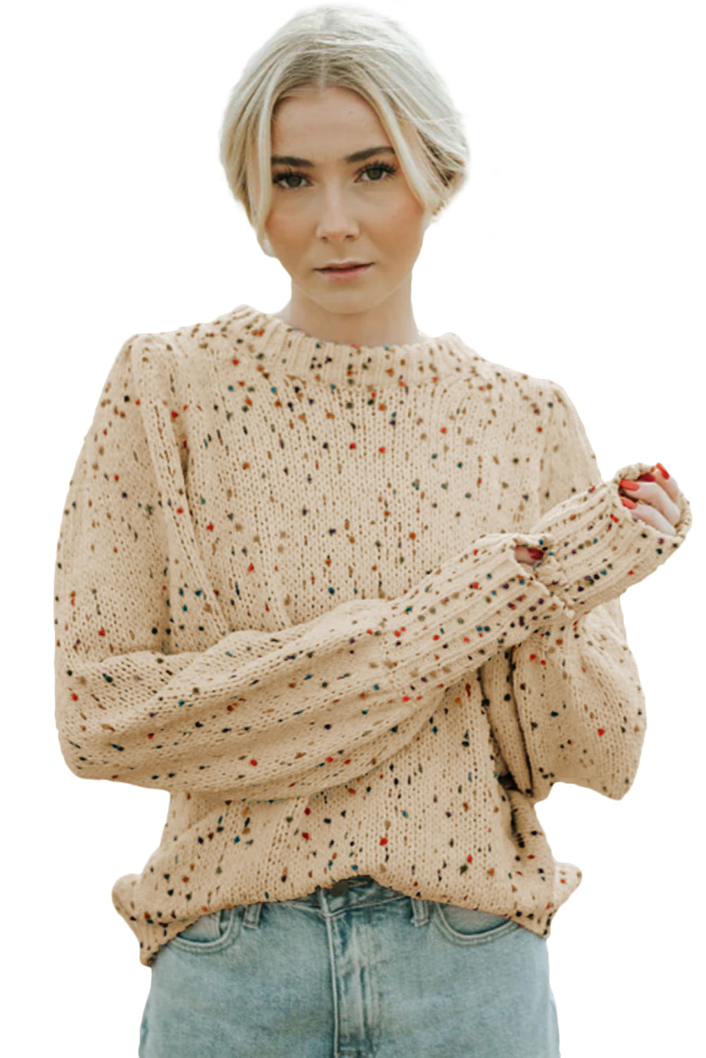 Light French Beige Colorful Dots Cable Knit Crew Neck Sweater