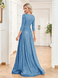 Lucyinlove Luxury V Neck Long Sleeves Blue Sequins Formal Evening Dress Women 2024 Wedding Party Prom Maxi Cocktail Dress Gowns