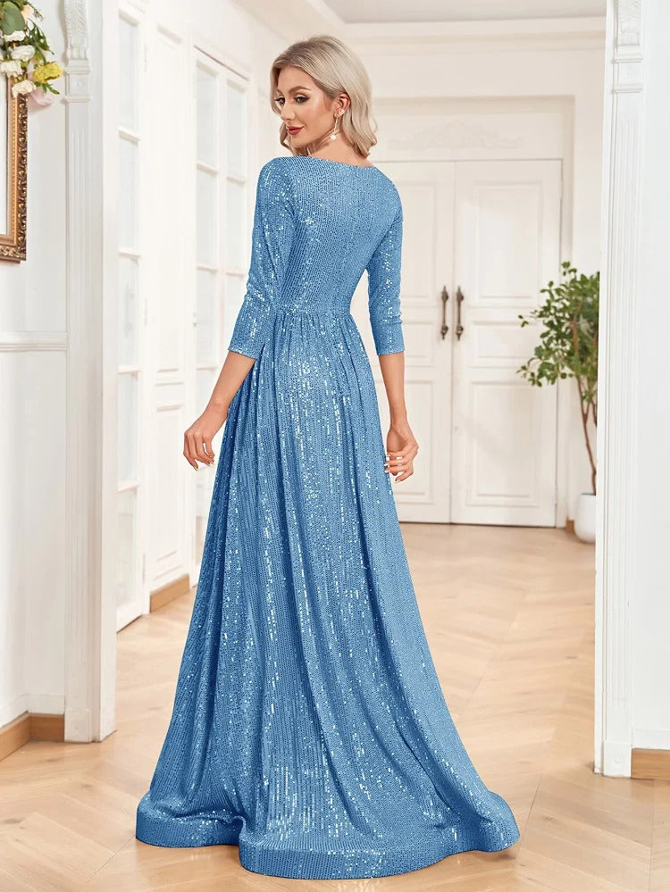 Lucyinlove Luxury V Neck Long Sleeves Blue Sequins Formal Evening Dress Women 2024 Wedding Party Prom Maxi Cocktail Dress Gowns