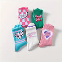 4 Pairs Letter & Heart Print Socks, Comfy & Cute Street Mid Tube Socks, Women's Stockings & Hosiery