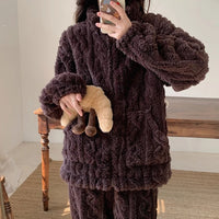 Autumn and Winter Fashion Two Piece Set 2Pcs Jacquard Textured Stand Collar Zip Up Fuzzy Teddy Top & Pants Set for Women