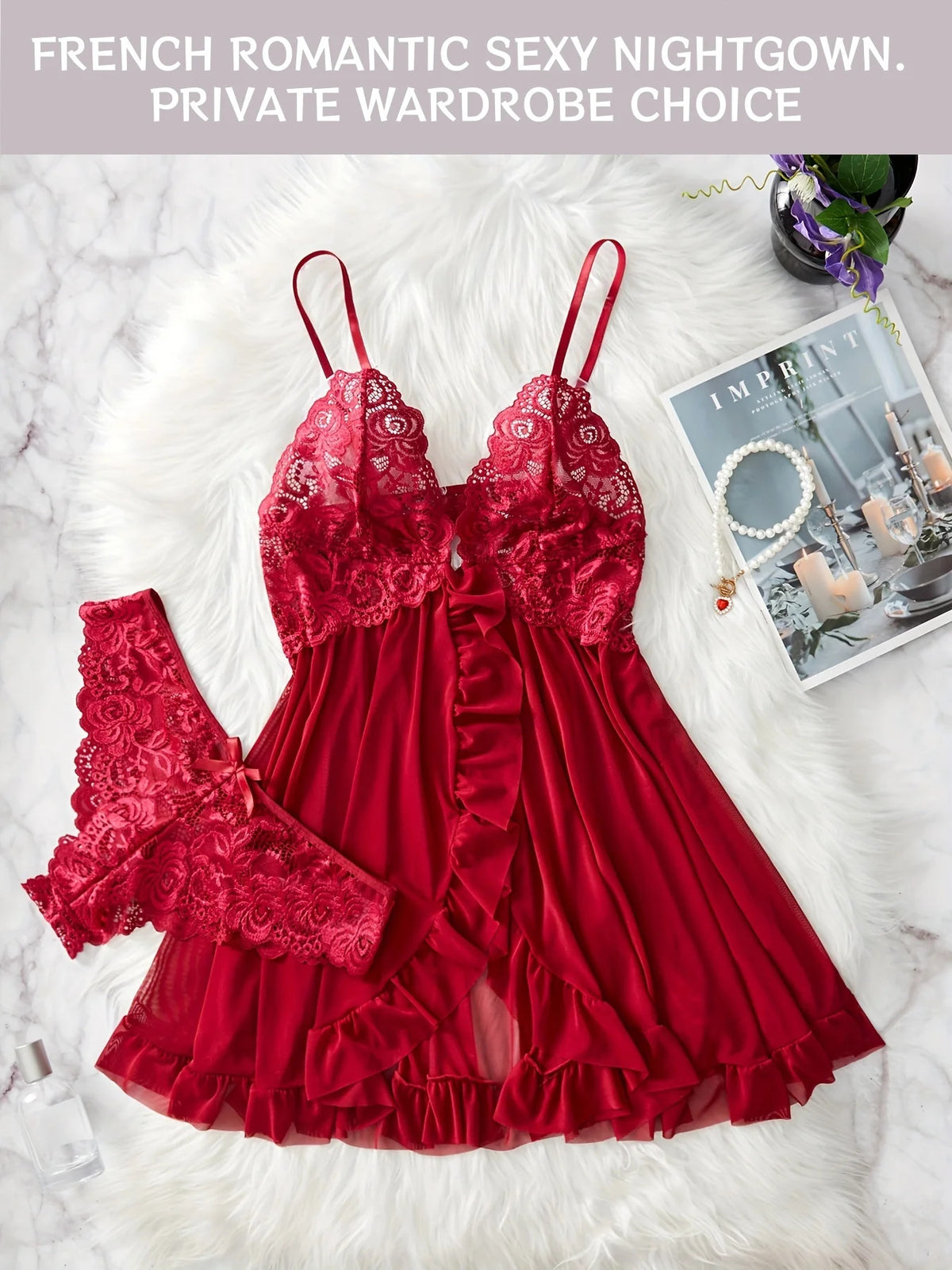 Contrast Lace Ruffle Trim Lingerie Set, Deep V Slip Dress & Thong, Women's Sexy Lingerie & Underwear