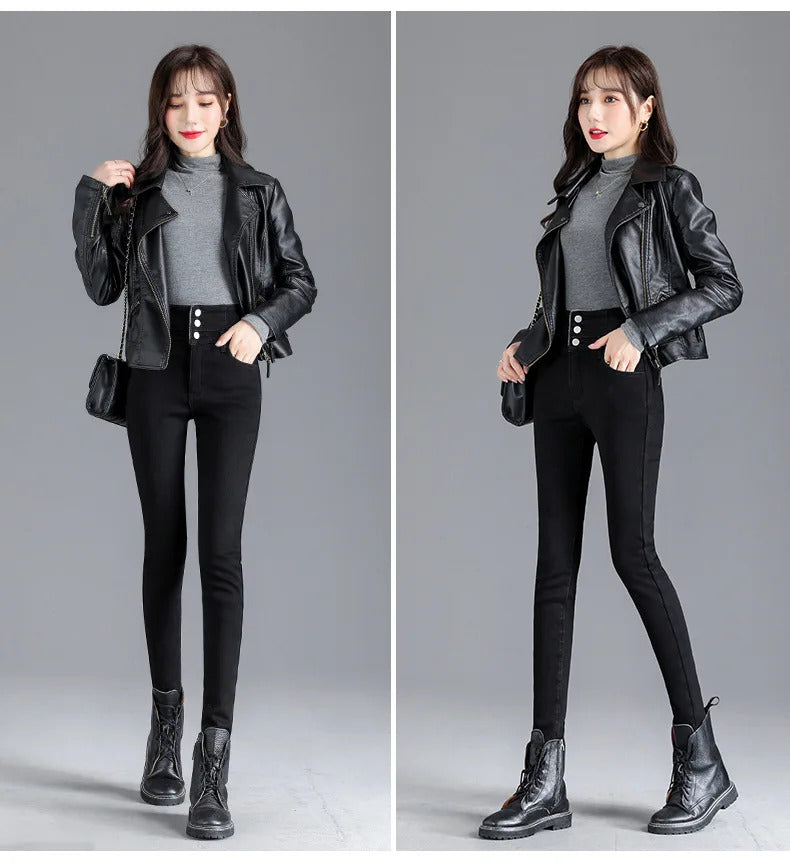 Thermal Winter Thick Fleece High-waist Warm Skinny Jeans Thick Women Stretch Button Pencil Pants Mom Casual Velvet Jeans