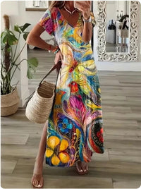 Geometric Irregular Printed T-shirt Long Dress Women's Summer Round Neck Short Sleeve A-line Dress Casual Vacation Robe