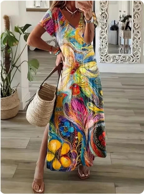 Geometric Irregular Printed T-shirt Long Dress Women's Summer Round Neck Short Sleeve A-line Dress Casual Vacation Robe