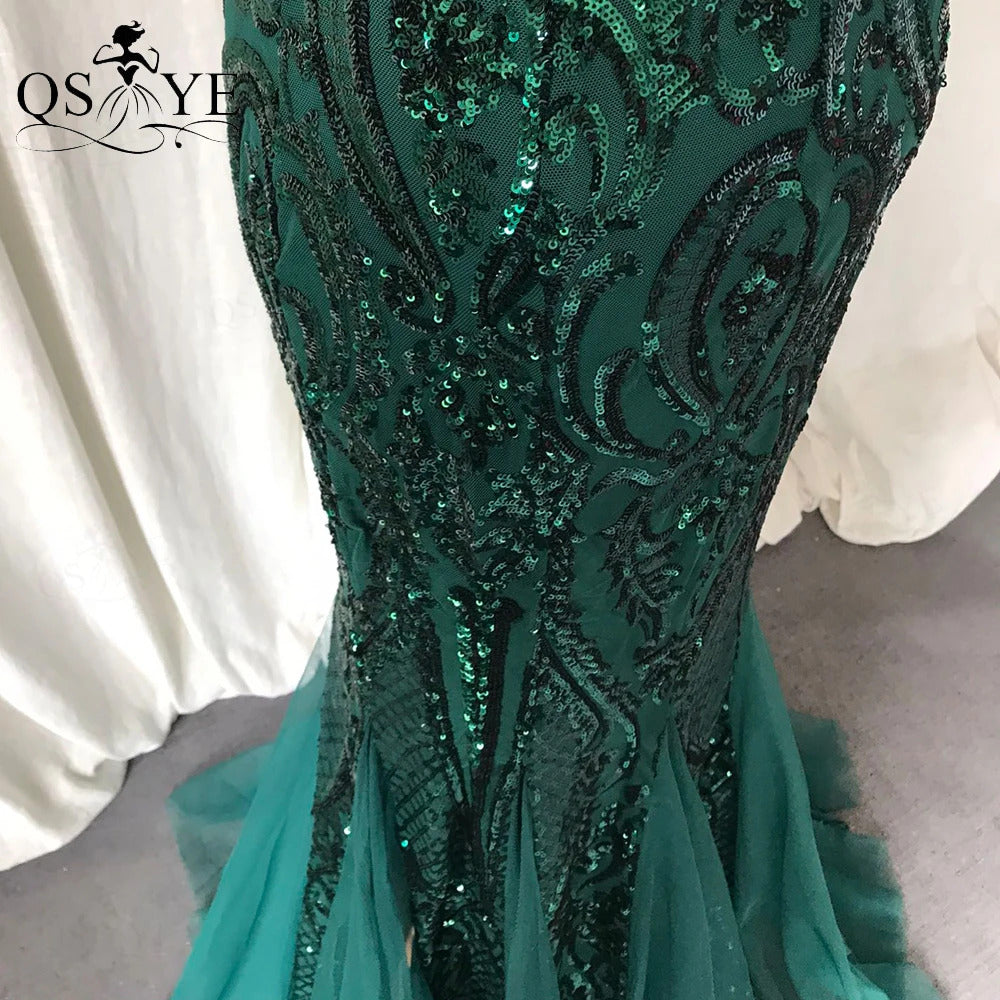 One Shoulder Emerald Evening Dresses Green Sequined Long Mermaid Prom Gown Glitter Elegant Party Dress Pattern Lace Formal Dress