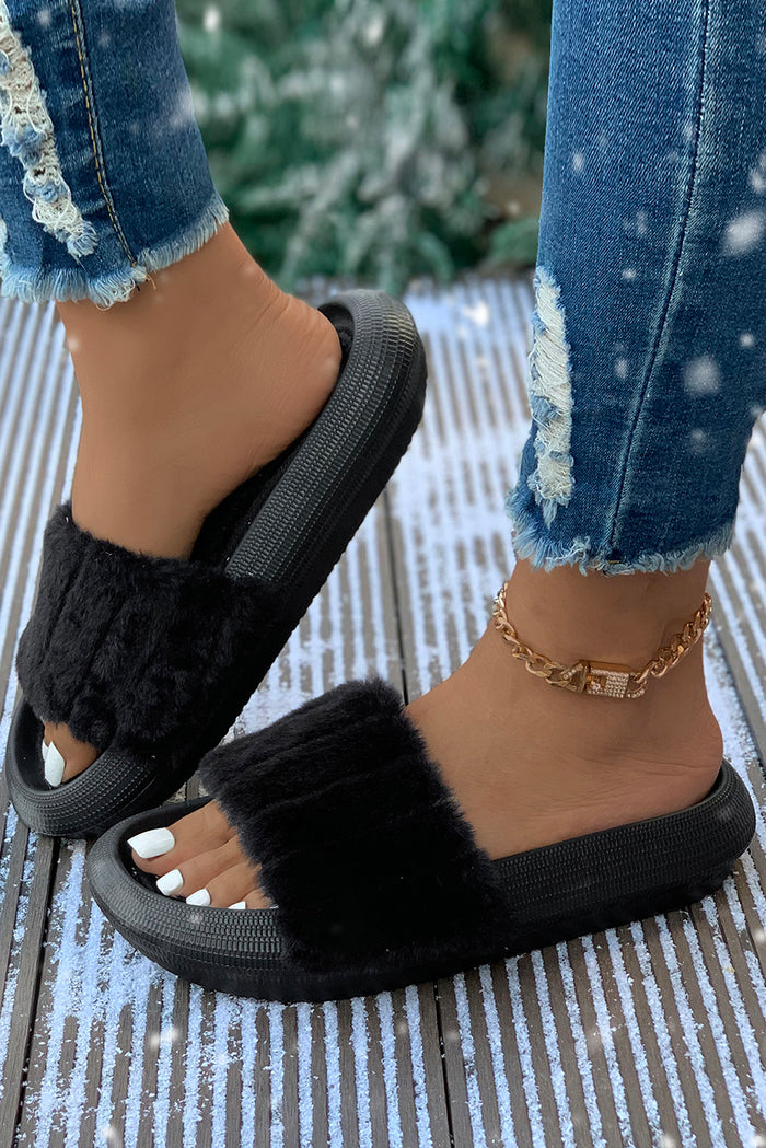 Black Plush Band Comfy Home Slippers