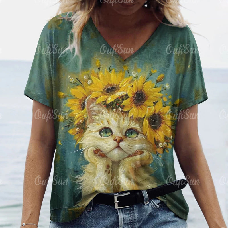 Summer Women's T Shirt Cat Print Casual Short Sleeve 3d T-Shirts Fashion Streetwear Crew Neck Pullover Female Oversized Clothing