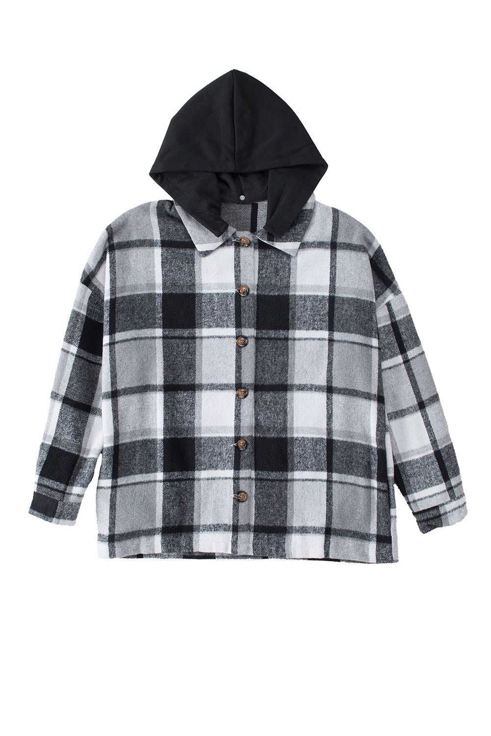 Gray Hooded Plaid Button Front Shacket