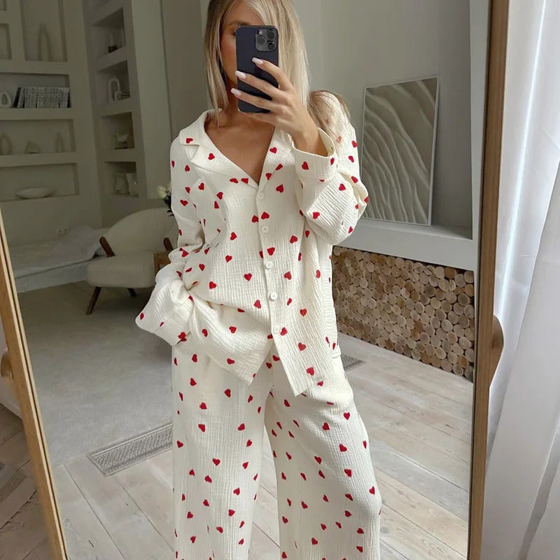 Summer New Love Heart Print Pyjama 100% Cotton Long Sleeve Set 2Pcs Outfit Lapel Sleepwear Button Down Women's Pajamas Nightwear