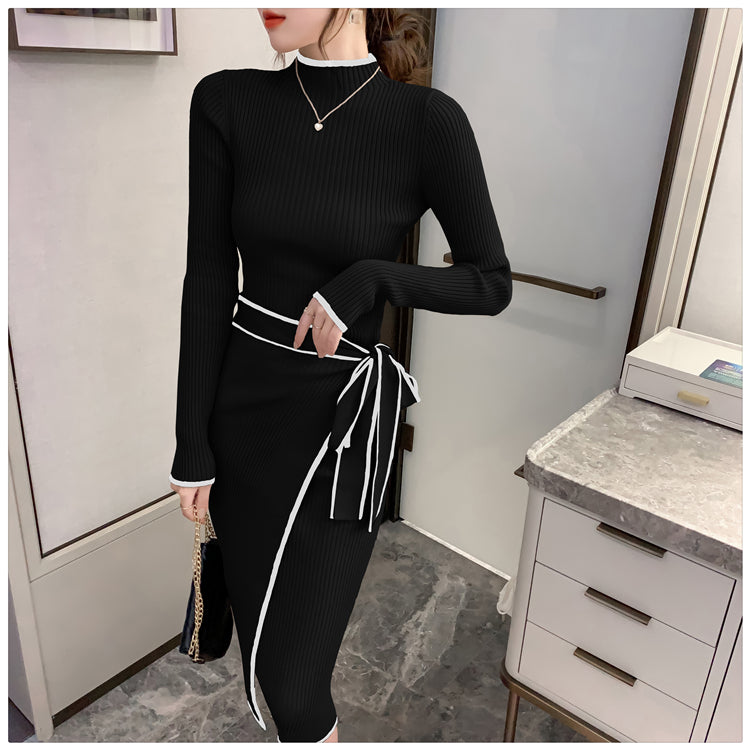 Women Knitted Dress New Autumn Winter Slim Lace-Up Long Sleeve Bottoming Sweater Skirt Elegant Fashion Office Female Vestidos