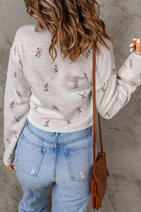 Gray Floral Cropped Sweater Cardigan