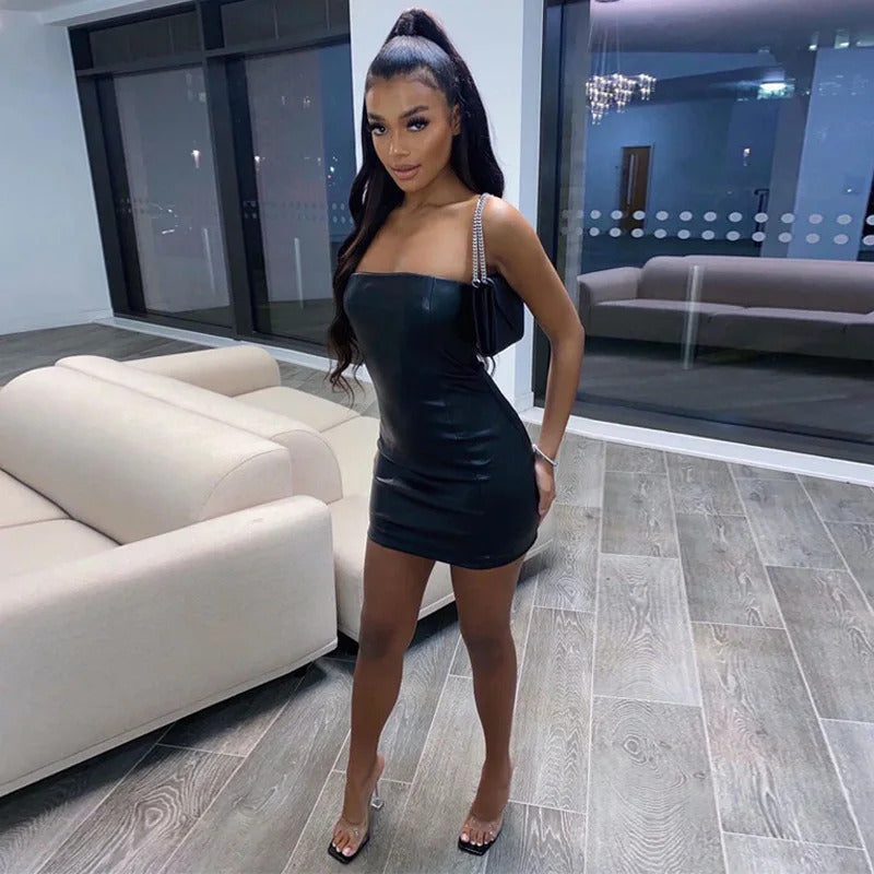 Women Summer Sexy Party Strapless Bodycon Pu Leather Slim Package Hip Black Mini Dress Sundress Female Clothing