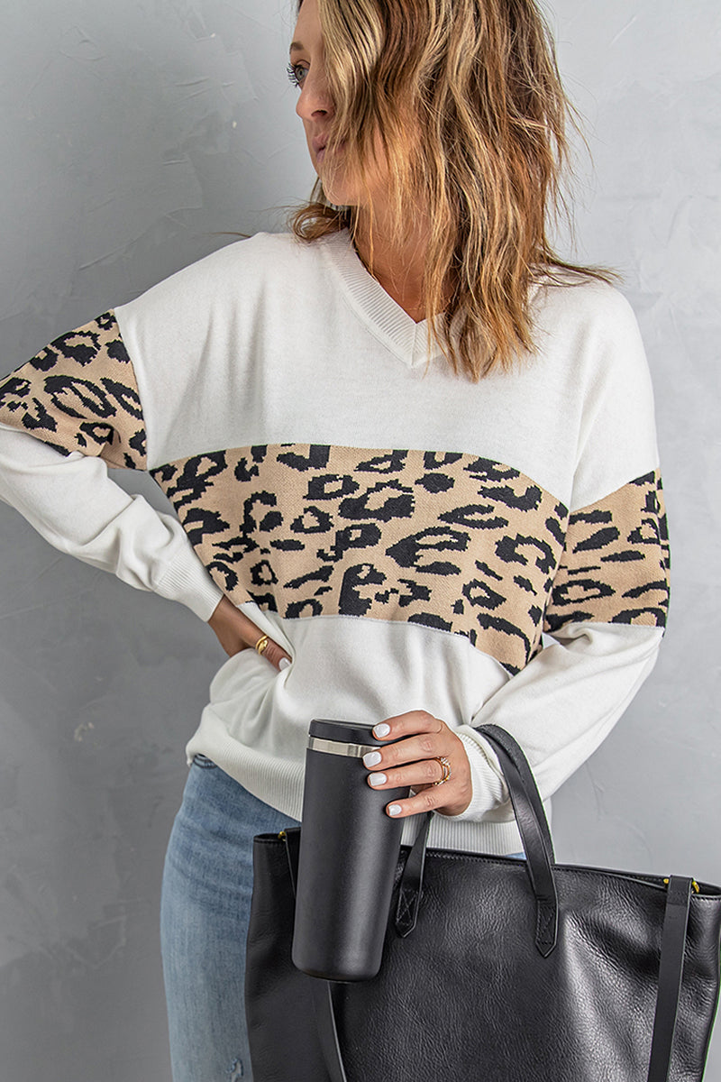 Black Leopard Colorblock V Neck Knit Sweater