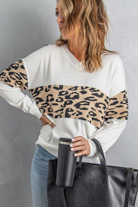 Black Leopard Colorblock V Neck Knit Sweater