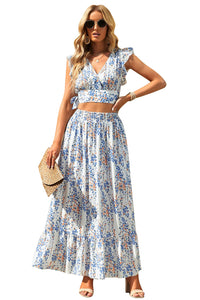 Women's Floral Ruffled Crop Top and Maxi Skirt Set for Fashionable and Fresh Style