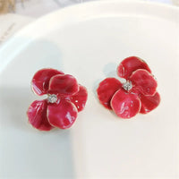 LATS Red Blue Enamel Flower Stud Earrings for Women Korean Fashion Five Petals Crystal Flowered Lovely Cute Girls Ear Decoration