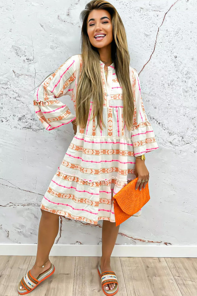 Orange Bohemian Printed Bracelet Sleeve Slit Neck Ruffled Loose Dress