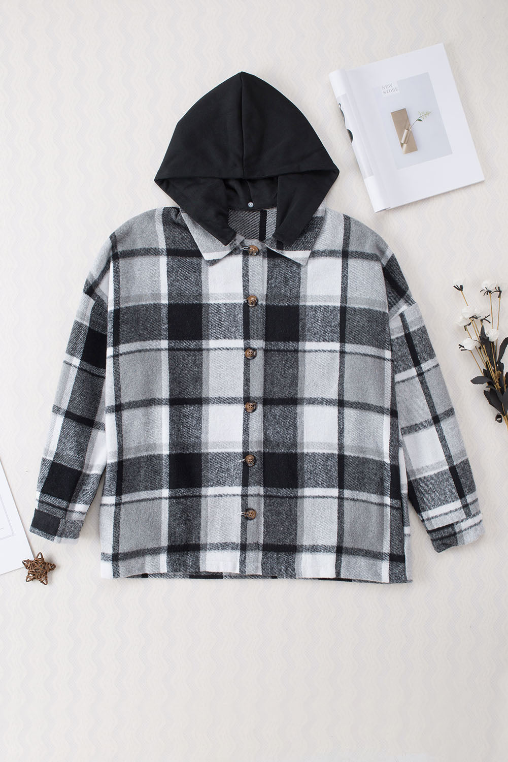 Gray Hooded Plaid Button Front Shacket