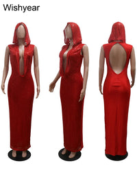 New Luxury Birthday Red Hooded Dress for Women Sexy Deep V Neck Sequins Glitter Mesh See Through Back Open Sparkly Evening Robe