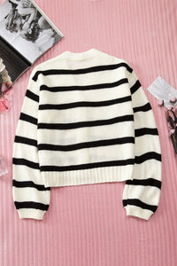 Striped V-Neck Buttoned Open Front Knitted Sweater