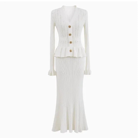 Pure White Temperament Dress Hollow Fake Two-piece Knitted Mini Dresses 5240144