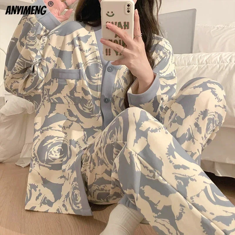 SUKAE Women Autumn Winter New Pajamas Sets Faux Cotton Sleepwear Casual Kimono Pijamas Sets Leisure Lapel Loungewear Homesuits