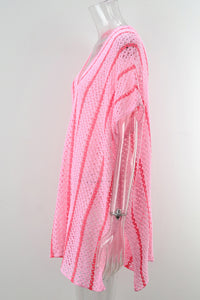 Pink Striped Crochet Loose Fit V Neck Beach Cover Up