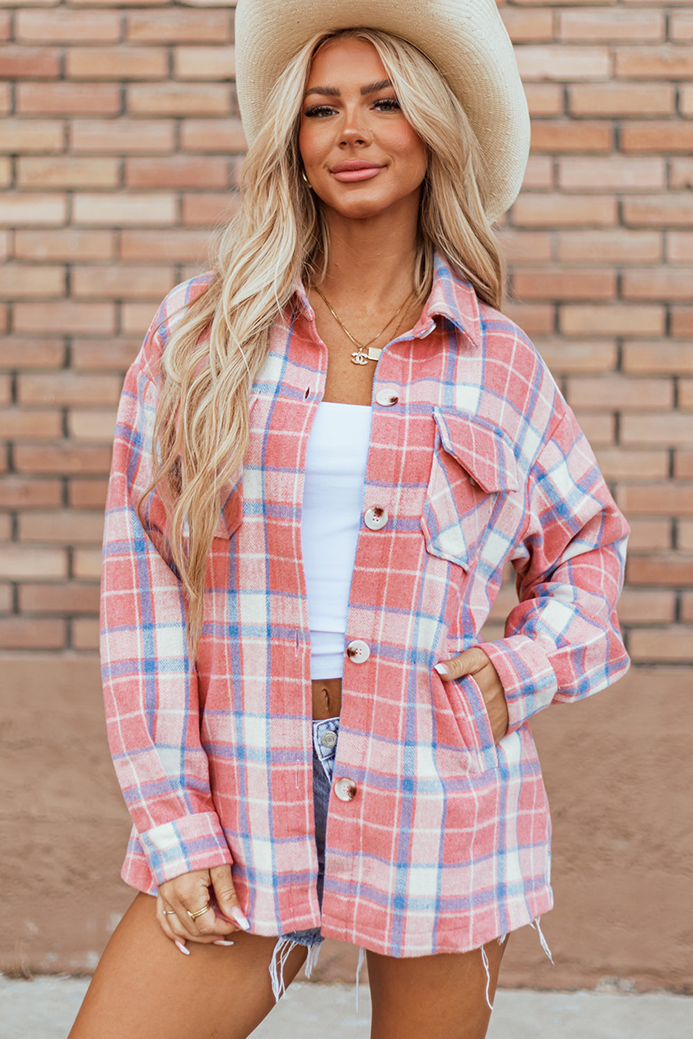 Pink Plaid Flap Pocket Button Up Shacket