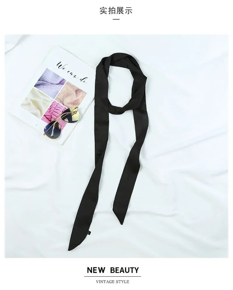 5X190CM Women Narrow Long Scarf Solid Color Chiffon Red Tie Black Bag Ribbon Headband Choker Streamer Lady Accessories