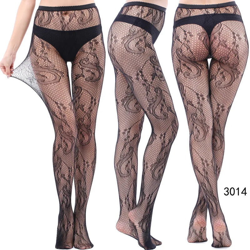 Women Sexy Fishnet Tights Jacquard Weave Seamless Pantyhose Yarns Garter Grid Fish Net Stockings Black Spider Gothic Lace Tights