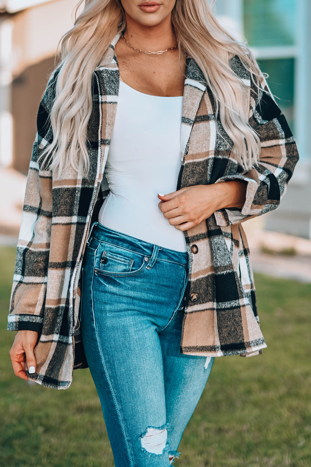 Green Plaid Print Buttoned Shirt Jacket