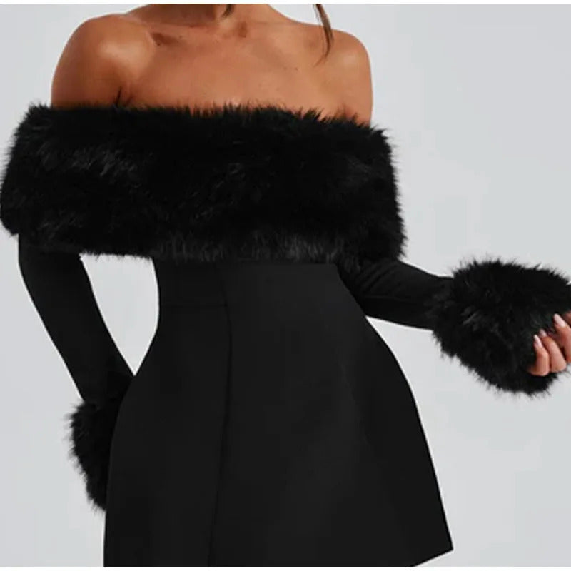 2024 Winter Black Strapless Fluff Sexy Dress For Women's Robes Elegant Evening Party Dress Bodycon Mini Autumn Dresses Vestidos