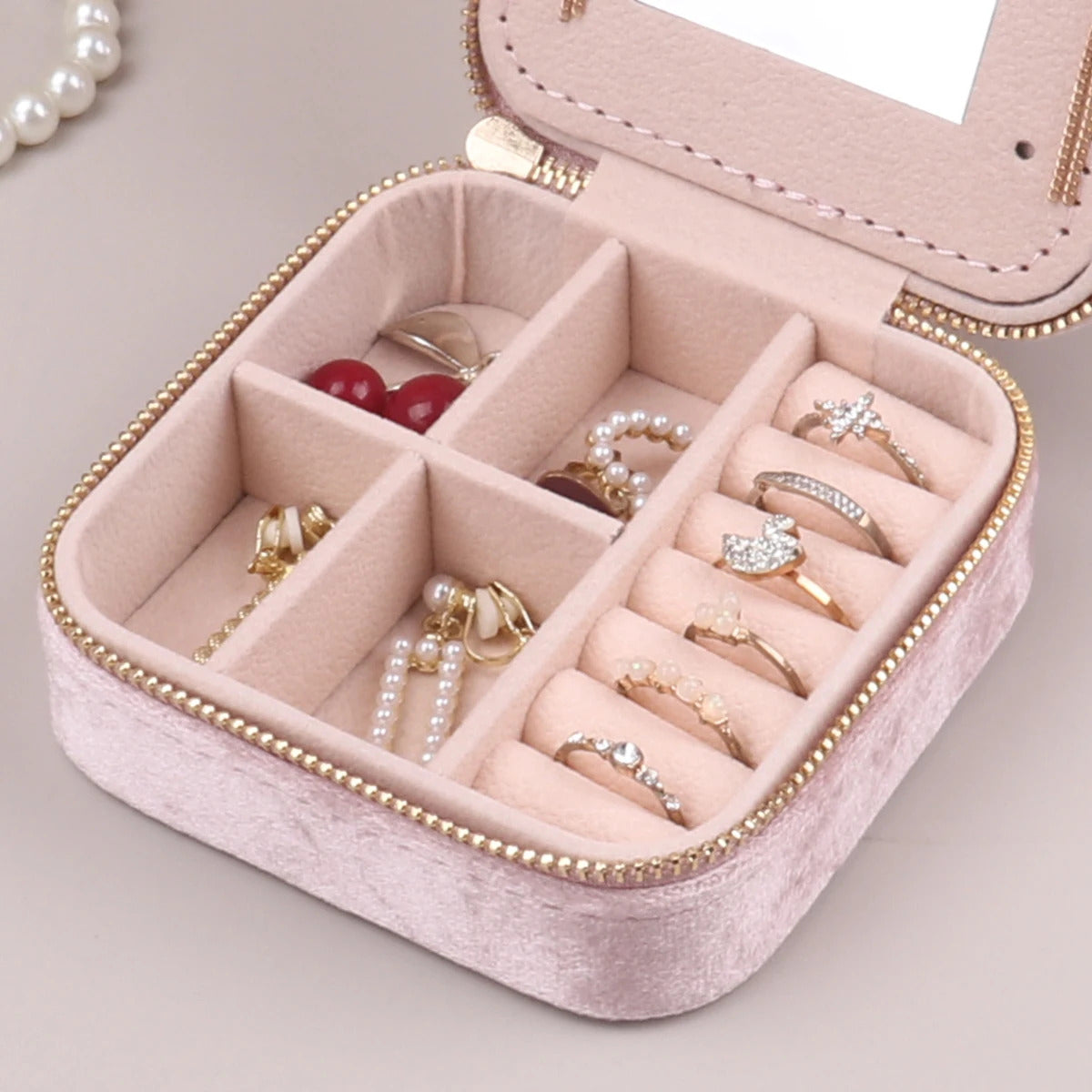 Velvet Jewelry Box For Women Geometric Sqaure Jewelry Storage Case Necklace Ring Earrings Travel Portable Zipper Boxes