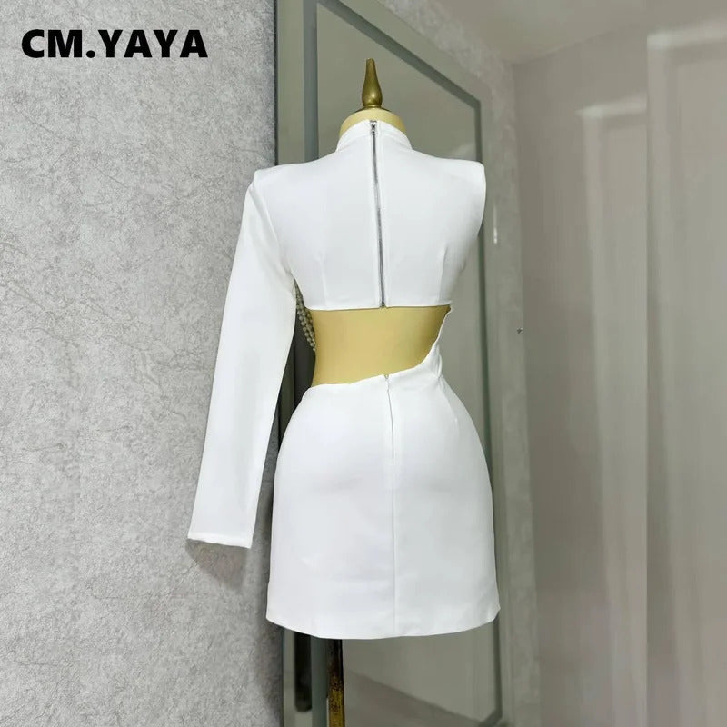 CM.YAYA Women Full Sleeve Elegant O-neck Mini Dress 2024 Summer Pearl String Sexy Street Night Club Party Vestidos Dresses