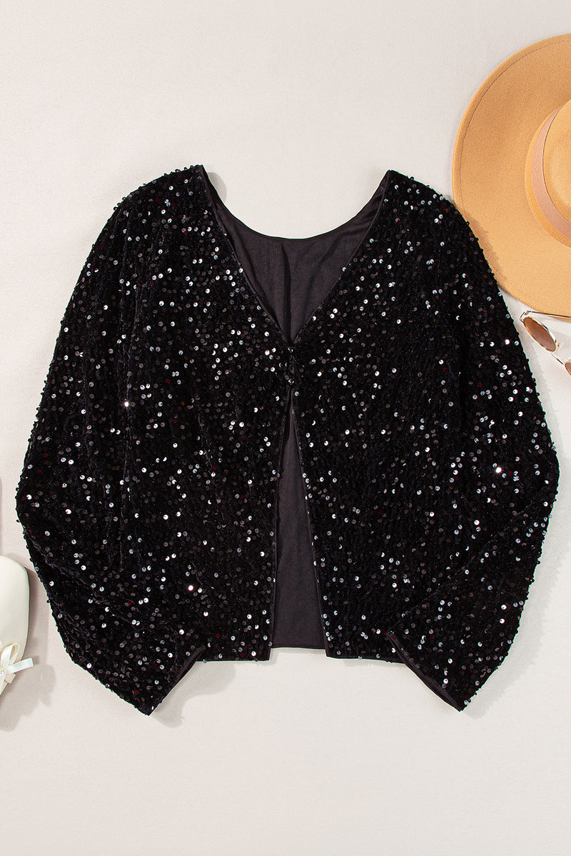 Chicory Coffee Sequin Long Sleeve Cutout Back Top