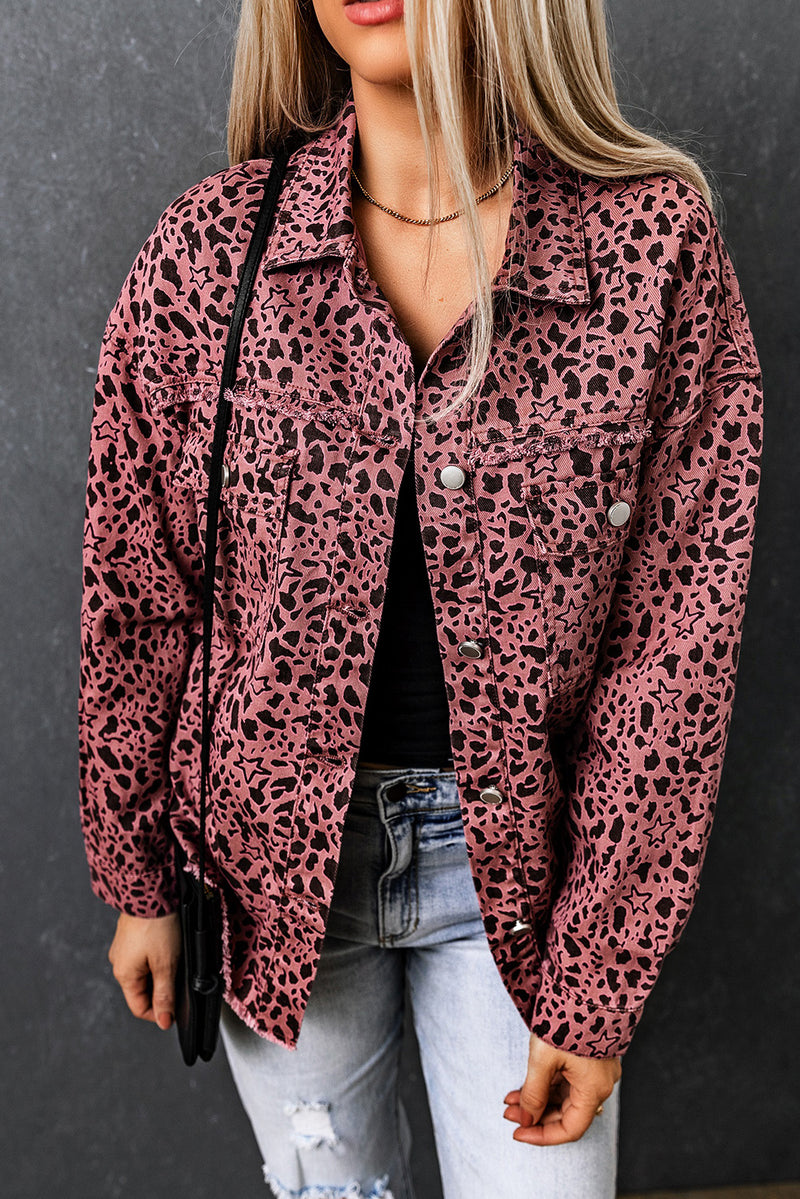 Pink Stars & Animal Spots Print Button Up Denim Shacket