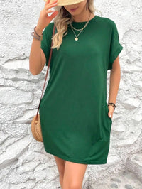 Pure Color Minimalist T-Shirt Short Dress Women Summer Round Neck Pocket Loose Dresses Robe