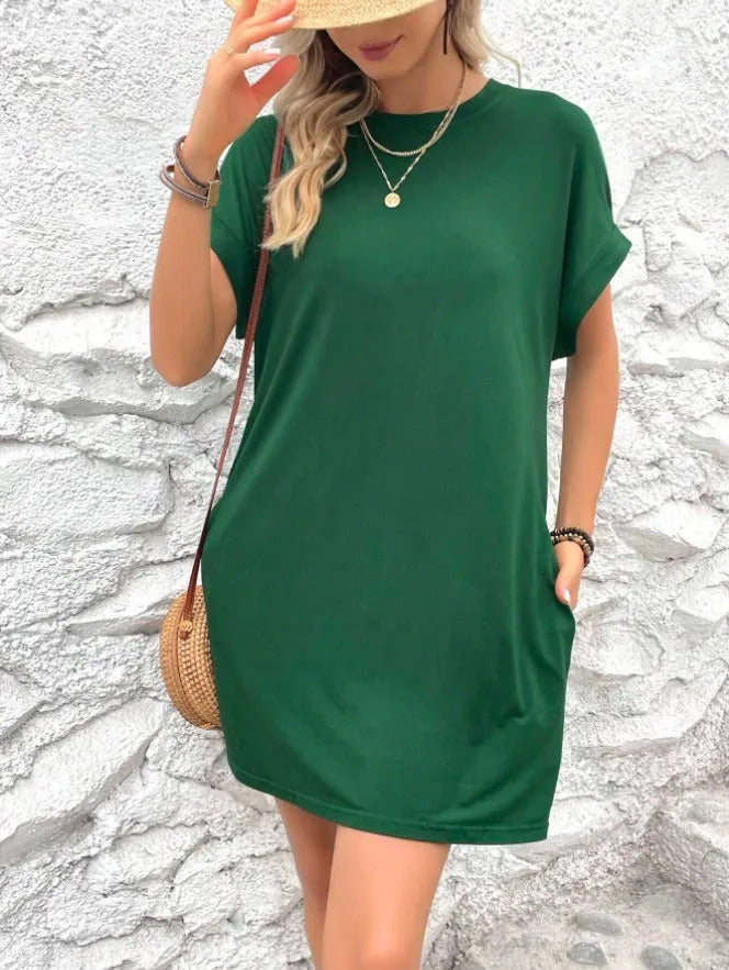 Pure Color Minimalist T-Shirt Short Dress Women Summer Round Neck Pocket Loose Dresses Robe