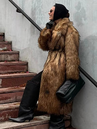 Women's Dark Brown Faux Fur Warm Long Coat Single Breasted Oversized Thickened Overcoat Winter Fluffy Plush Female Outerwear